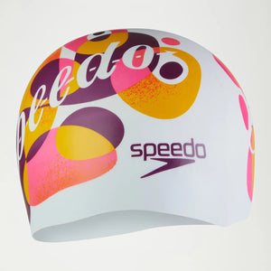 Speedo Junior Printed Silicone Cap White/Mango